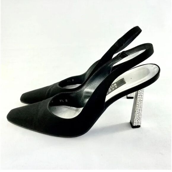 STUART WEITZMAN Black Satin Crystal Heel Slingback Size 8.5 - Picture 2 of 7
